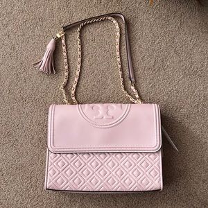 Tory Burch Fleming Quilted Lambskin Shoulder Bag; she’ll pink